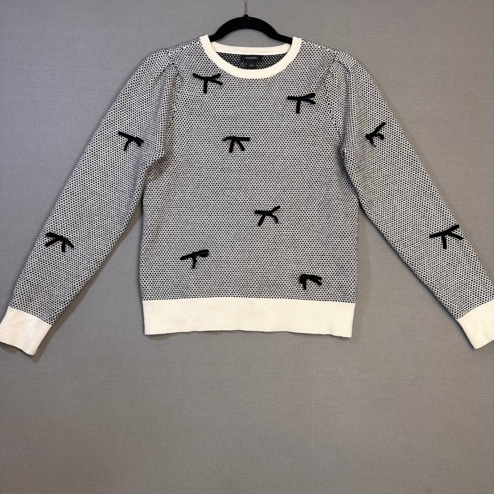 Halogen Womens Black White Birdseye Knit Velvet Bow Puff Sleeve Sweater Small